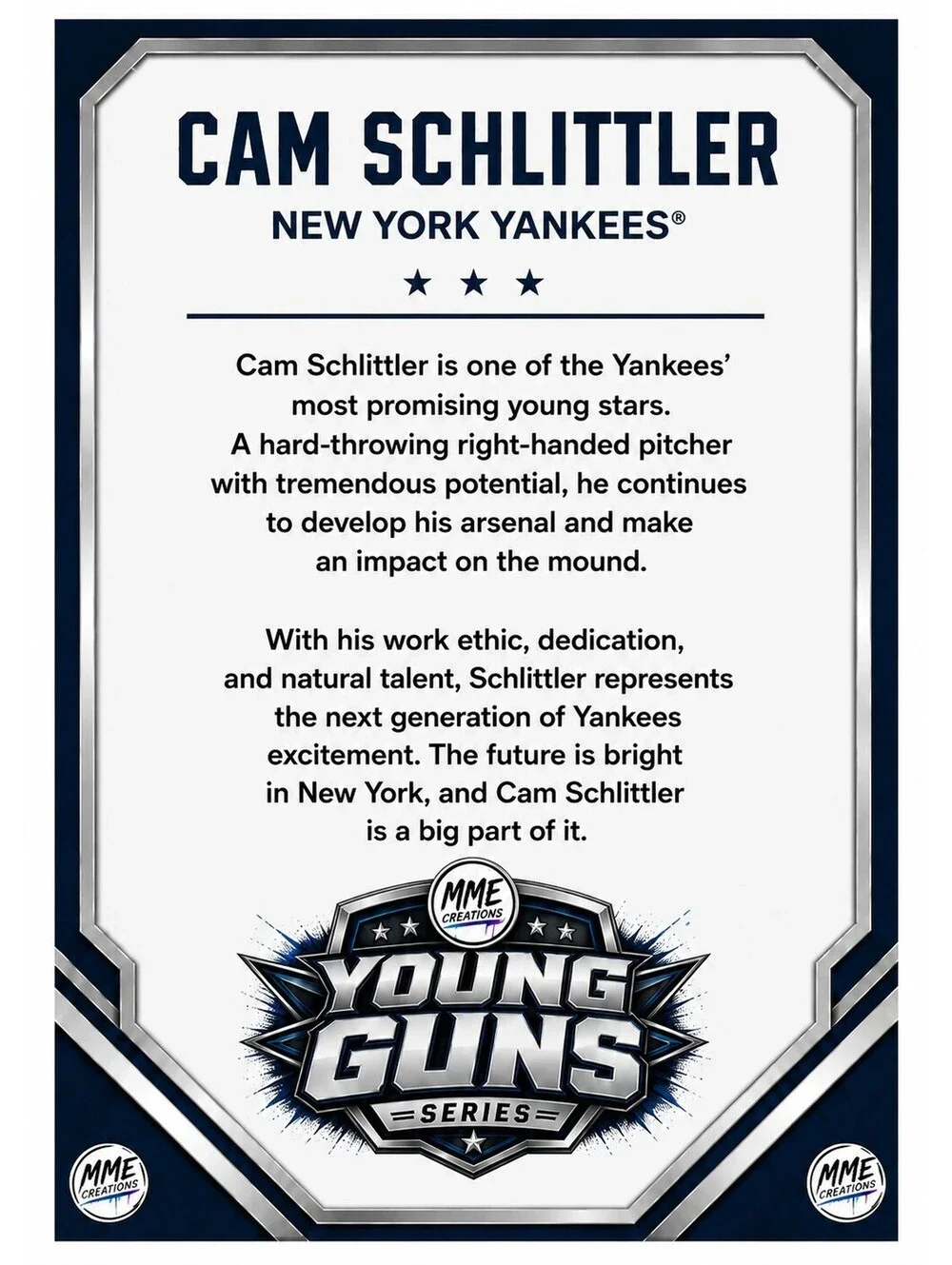 4312 Cam Schlittler Young Guns Laminated Custom Baseball Card Red Ice
